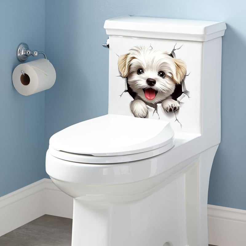 Iprokiu Cute Animal Toilet Sticker Waterproof 3D Funny Dog Cracking Toilet Seat Lid Decal Bathroom Wall Sticker Squirrel Toilet Lid Decal Home Decoration (White Dog) - Image 3